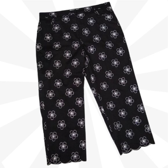 Tori Richard Black Capris Pants Size 12 Embroidered Flower Crop High Rise - Picture 1 of 8